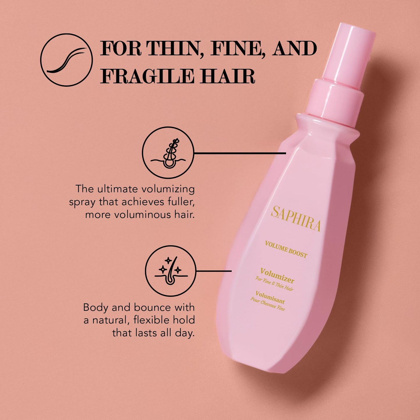 Saphira Volumizer Styling Spray for Fine and Thin Hair with 26 Healing Minerals, Sulfate-Free, Paraben-Free, Softens, and Volumizes Fine, Thin or Chemically Treated Hair, 5.1 Ounce