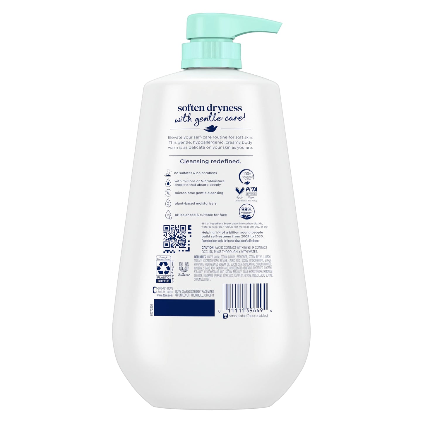 Dove Body Wash with Pump Sensitive Skin For 24hr Lotion-Soft Skin Moisturizing Skin Cleanser Gentle Hypoallergenic Formula with No Sulfates No Parabens 30.6 oz