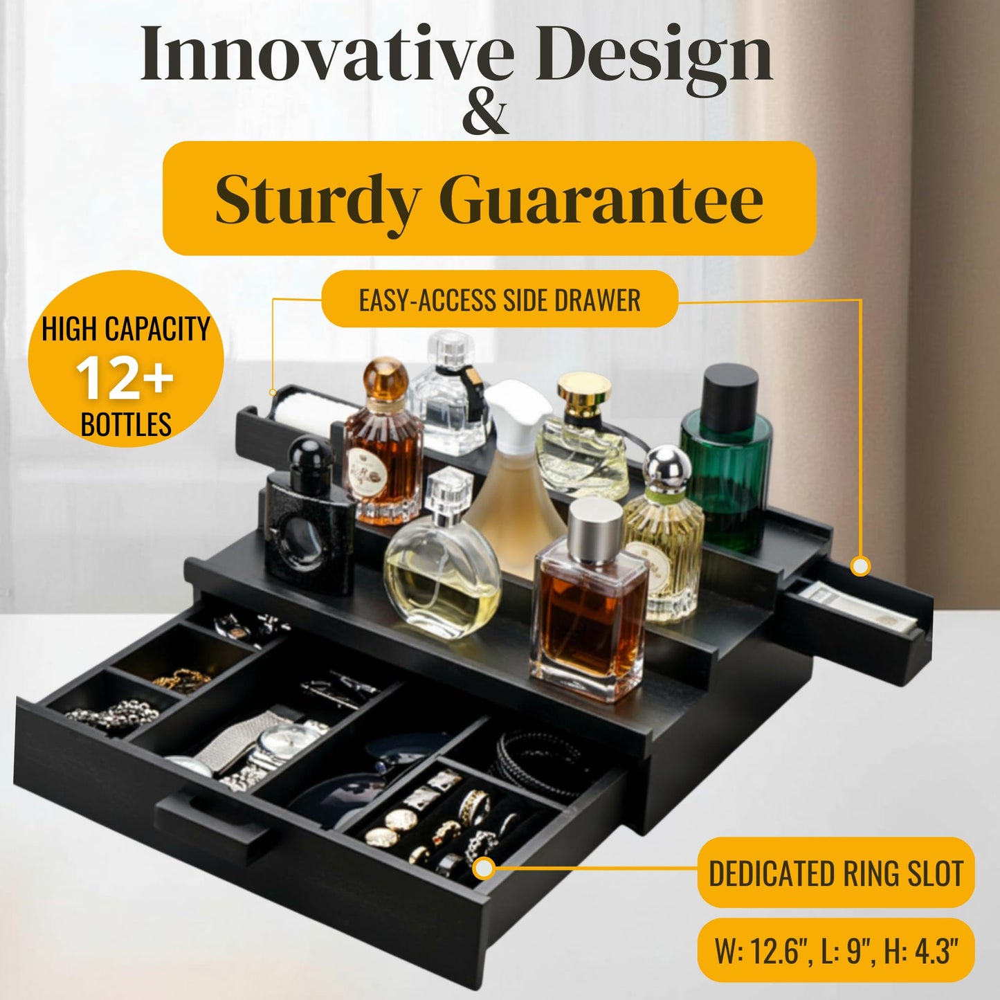 BLISSORE Cologne Organizer for Men | 3-Tier Wooden Cologne Stand and Display Holder with 2 Side-Opening Drawers | Ring Slots, Watch & Jewelry Storage| Perfume Stand Organizer| Perfect Gifts for Men