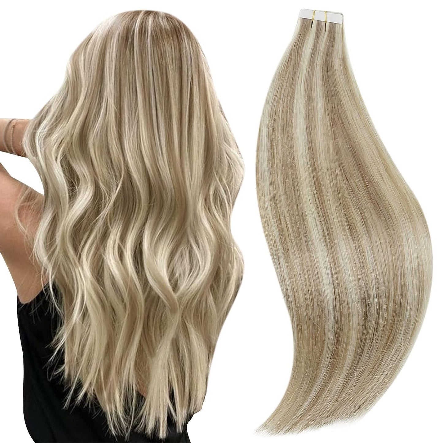 Blonde Tape-In Hair Extensions - 16 Inch Human Hair, Ash Brown & Platinum Blonde | 50g, 20pcs, Style Daily #8P60