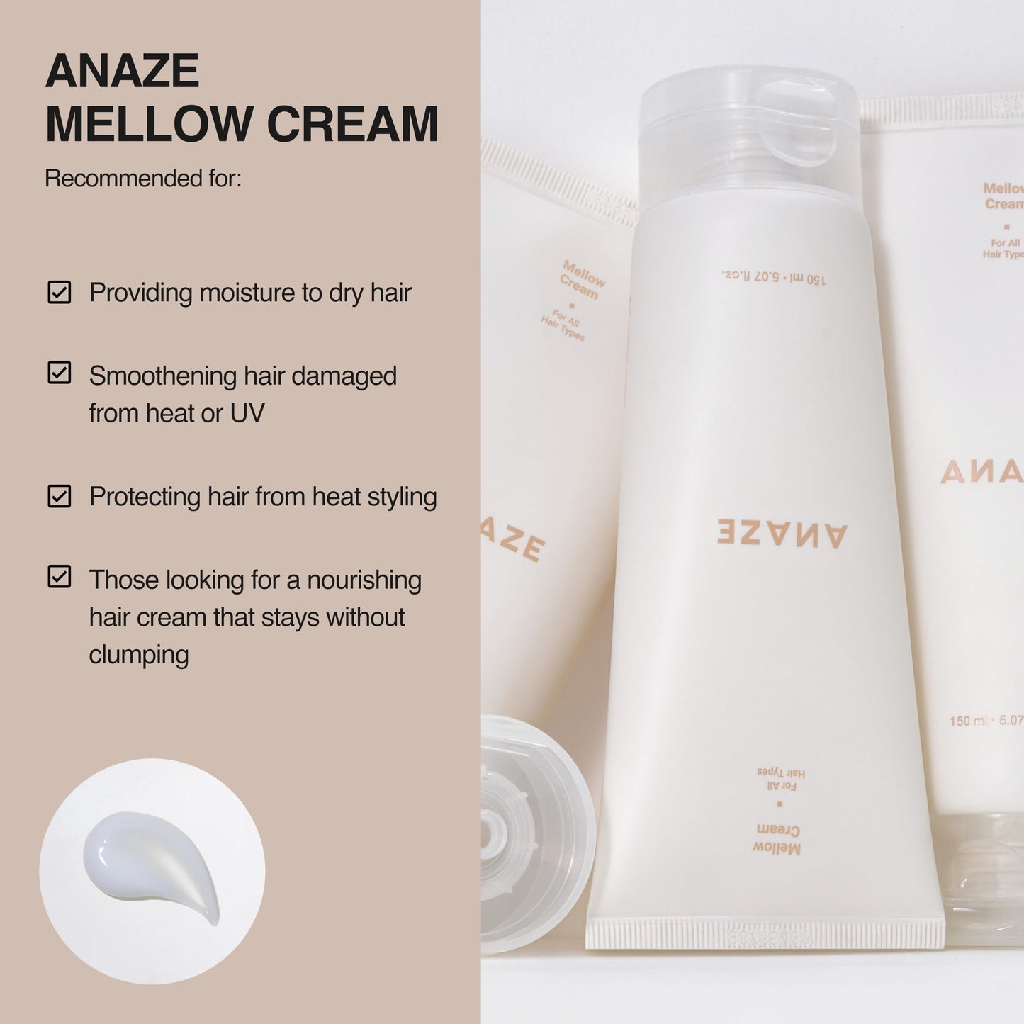 ANAZE Mellow Cream – Heat Protectant Leave-In Hair Cream for Dry, Damaged Hair, Anti-Frizz Smoothing Cream with Royal Jelly & Coconut Oil, Lightweight, 5.07 fl.oz / 150ml