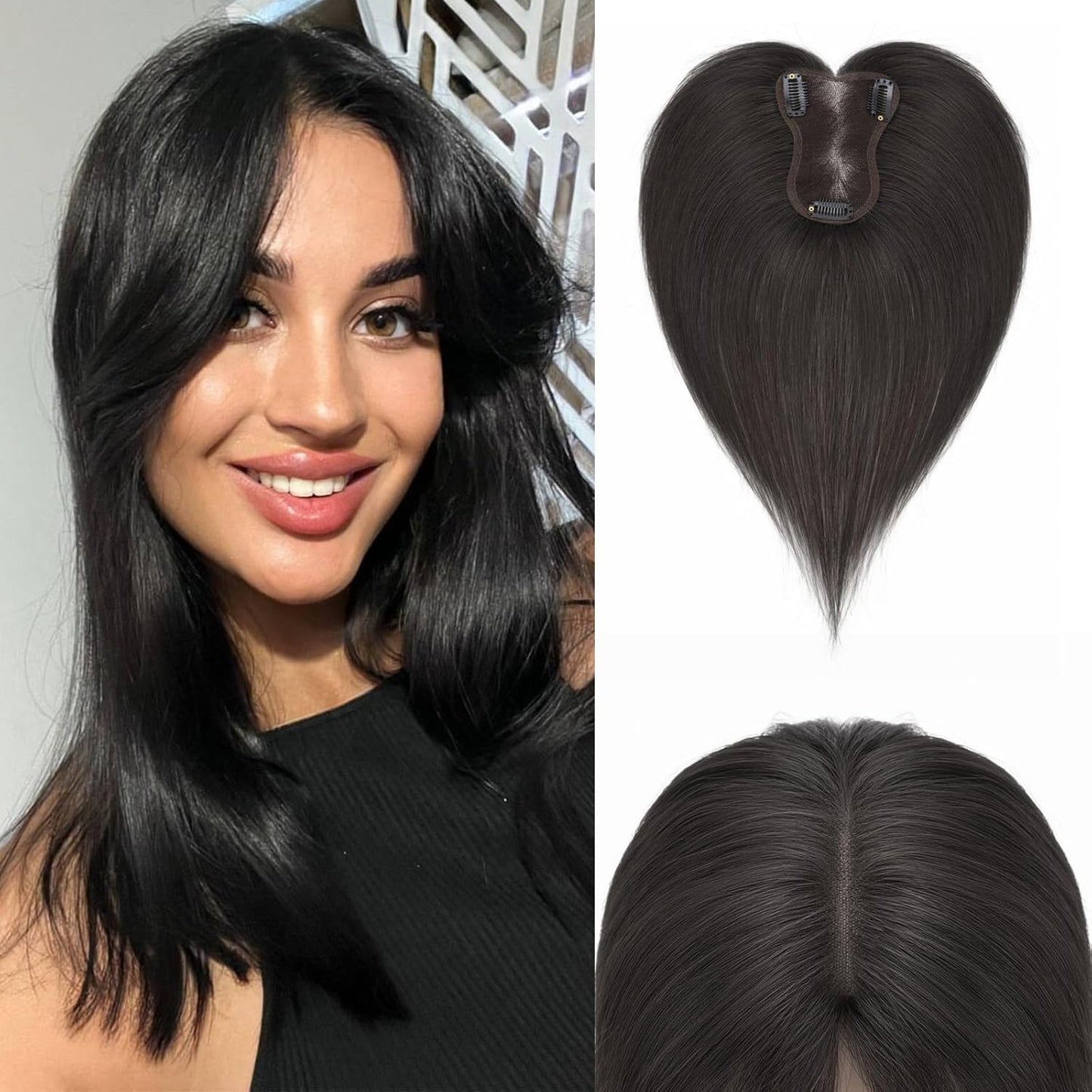 S-noilite Hair Toppers for Women - Real Human Hair Clip-In Bangs | 360° 3D Coverage, Jet Black, 11 Inch
