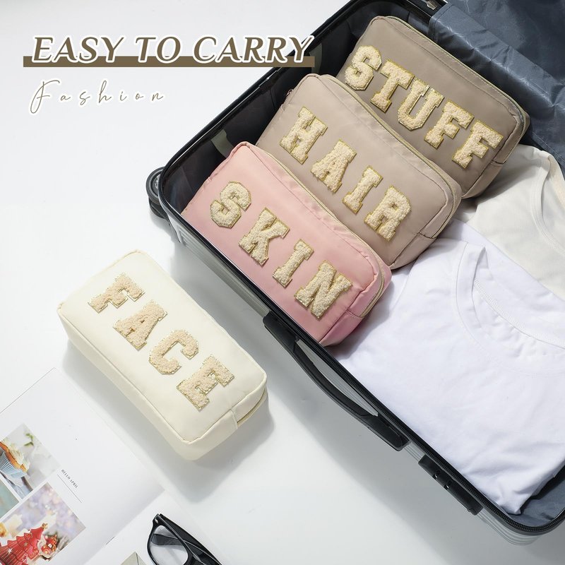 Cunno Preppy Makeup Bags Chenille Letter Stuff Bag Nylon Cosmetic Pouch Cases with Zipper for Women Travel Toiletry(Apricot Color,Classic,4 Pcs)