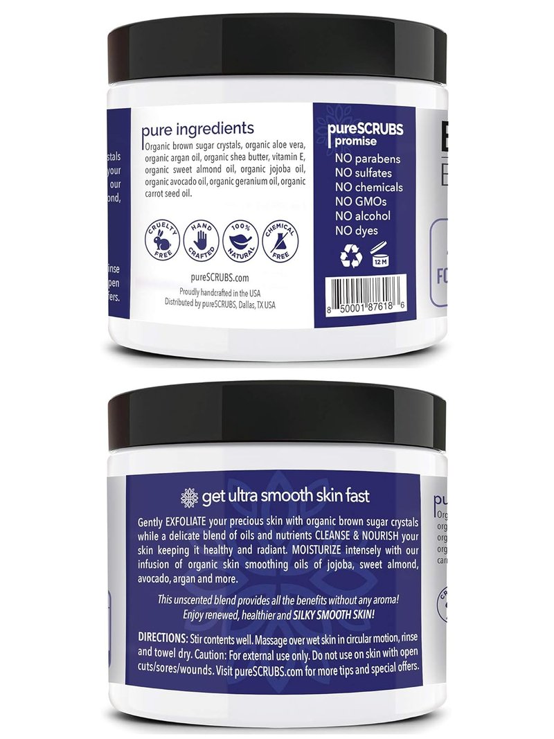 Premium Unscented Brown Sugar Body Scrub - 16oz Jar | Exfoliating Face, Feet & Full Body Care with Spoon & Loofah