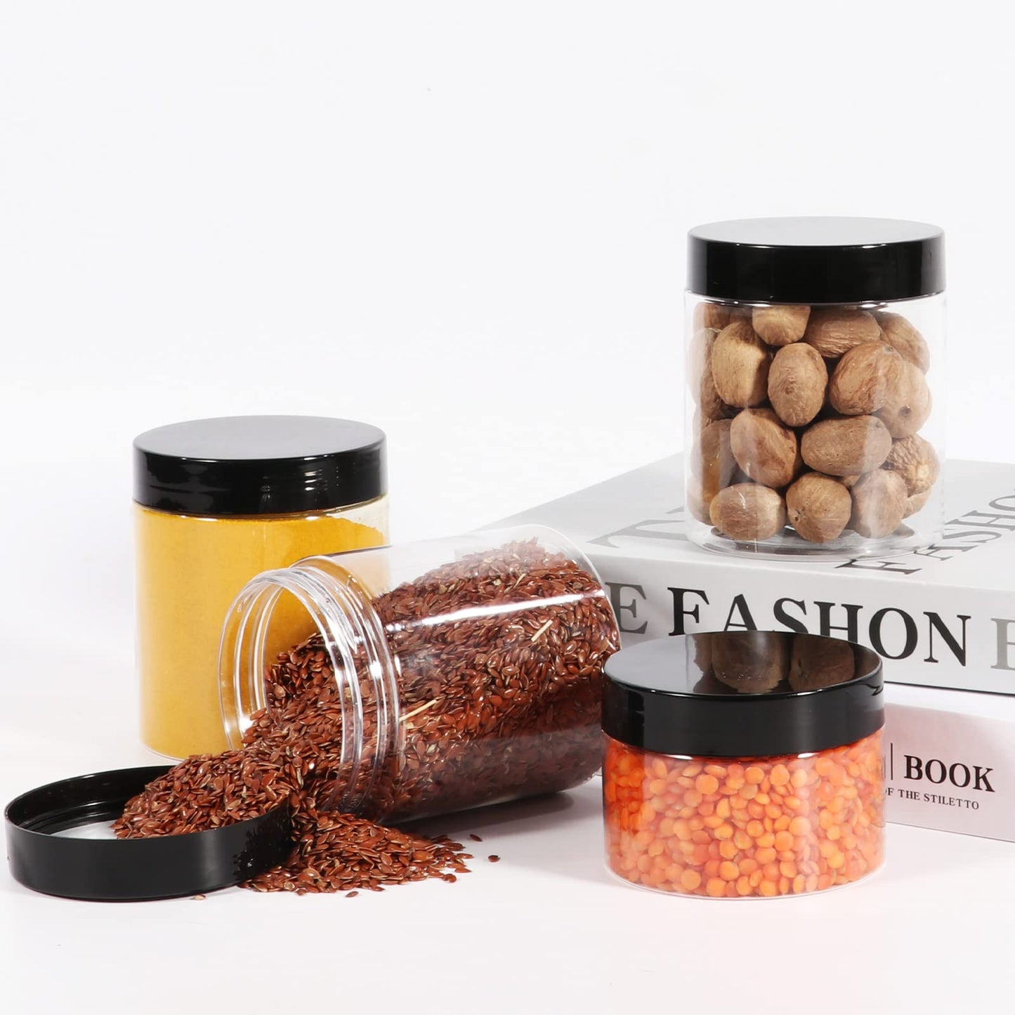 48 Pack 120ml 4 oz Empty Clear Plastic Jars with Black Lids, Refillable Round Containers for Slime,Beauty Products, powder, Cream, Scrubs, Cookie,Dried Fruit. Include 1 Pen and 120 Labels.