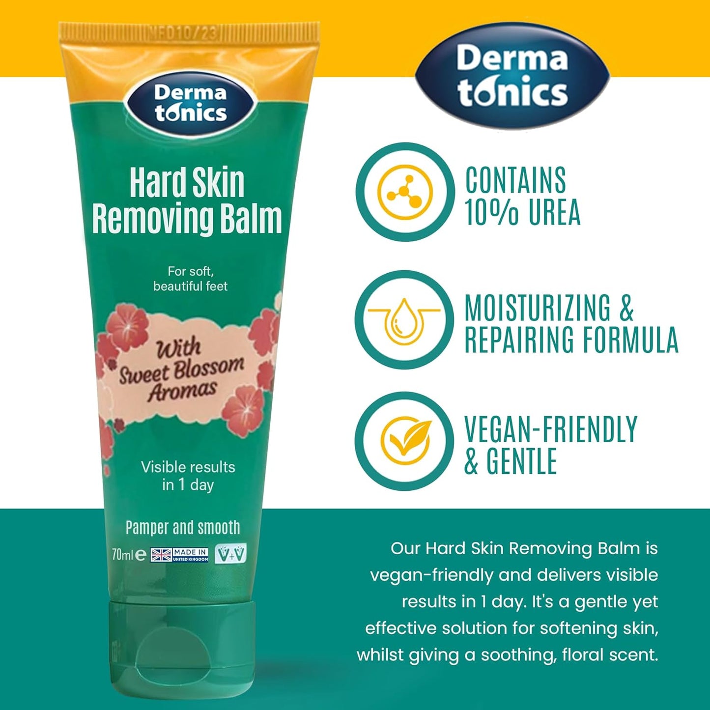 Dermatonics Hard Skin & Callus Removing Balm | 10% Urea & Sakura Blossom - Moisturizing Formula for Feet, Hands & Elbows - 2.37 fl oz Tube