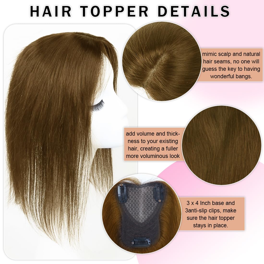 Unipearl Hair Toppers for Women Real Human Hair 12 Inch 360° Cover Remy Human Hair Topper for Women with Thinning Realistic Scalp Clip in Pieces Straight Hair (Light Brown #6, Side Bangs)
