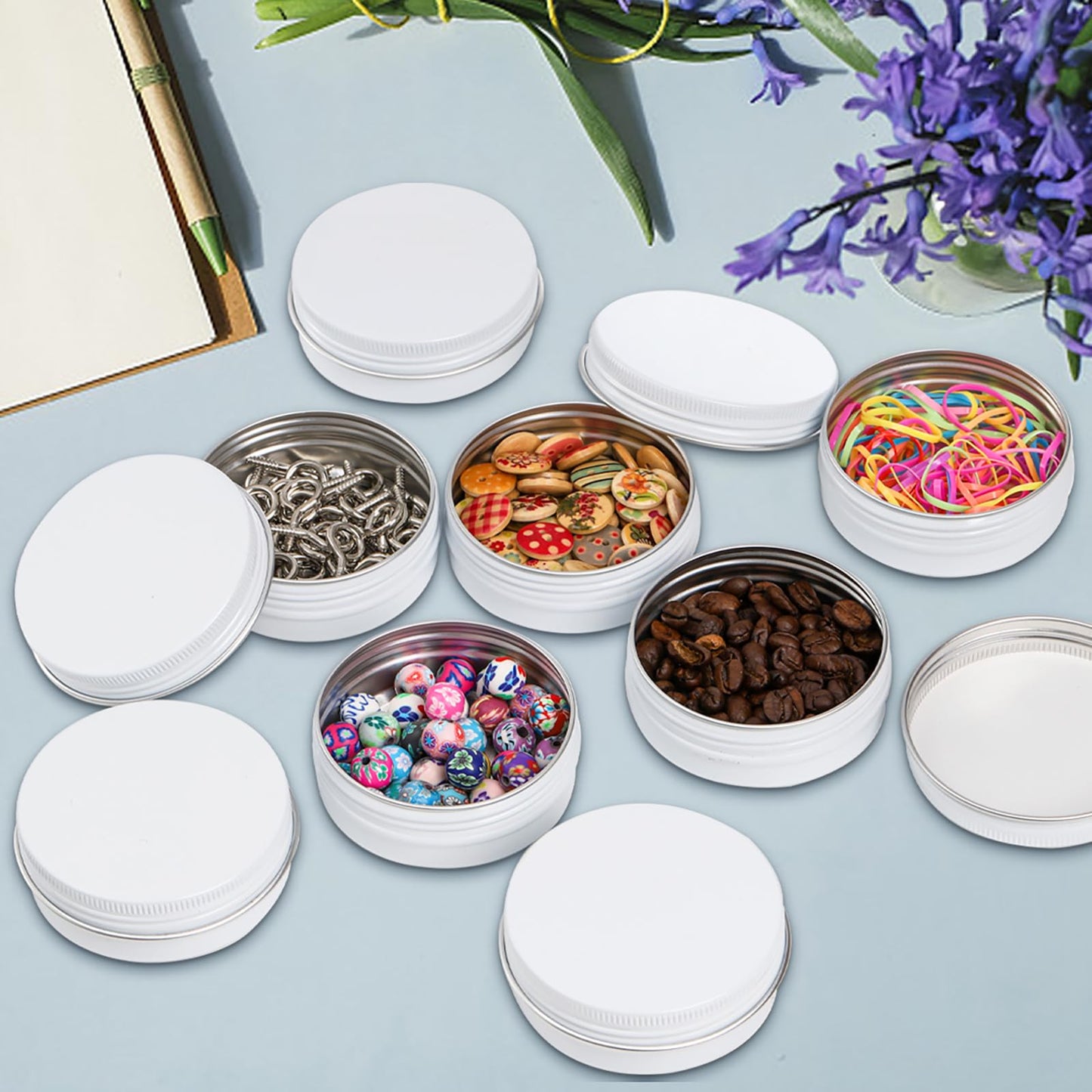 Foraineam 48 Pack 2 oz White Lip Balm Tin Cans, Aluminum Round Cosmetic Sample Containers with Screw Lid, Storage Travel Tin Jars Metal Empty Tins for Salve, Cream, Spices or Candles