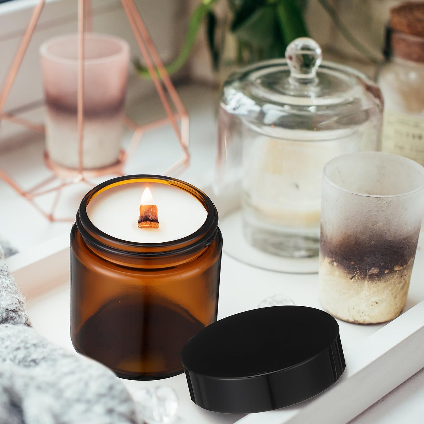 30 Pcs 4 oz Amber Glass Jars with Black Lids Leakproof Round Airtight Jars Empty Cosmetic Jars with Inner Liners Lid for Candle Making Storing Lotions Spice Powder Liquid Sample Makeup (Black,Amber)