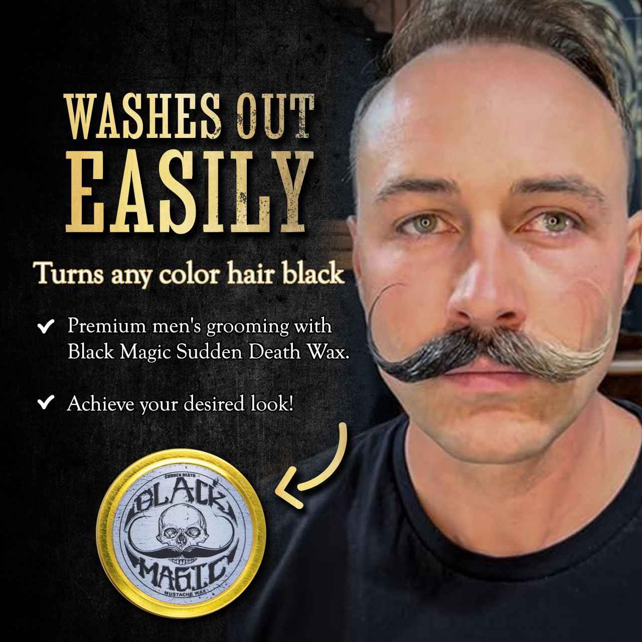 THE VINTAGE GROOMING CO. Black Magic Mustache Wax | Sudden Death | Hide Grey Hair In Beard Or Moustache | Strong Hold 1 oz Tin | No Heat Source Required | Unscented