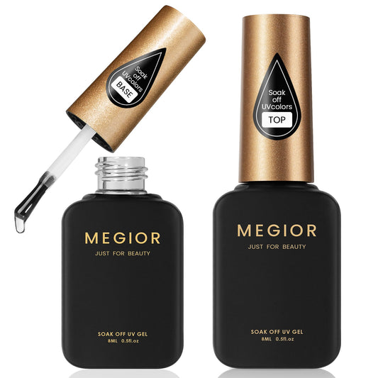 MEGIOR Gel Top Coat and Base Coat Set 2PCs No Wipe Gel Base and Top Coat Long Lasting High-gloss Finish for Home DIY and Nail Salon
