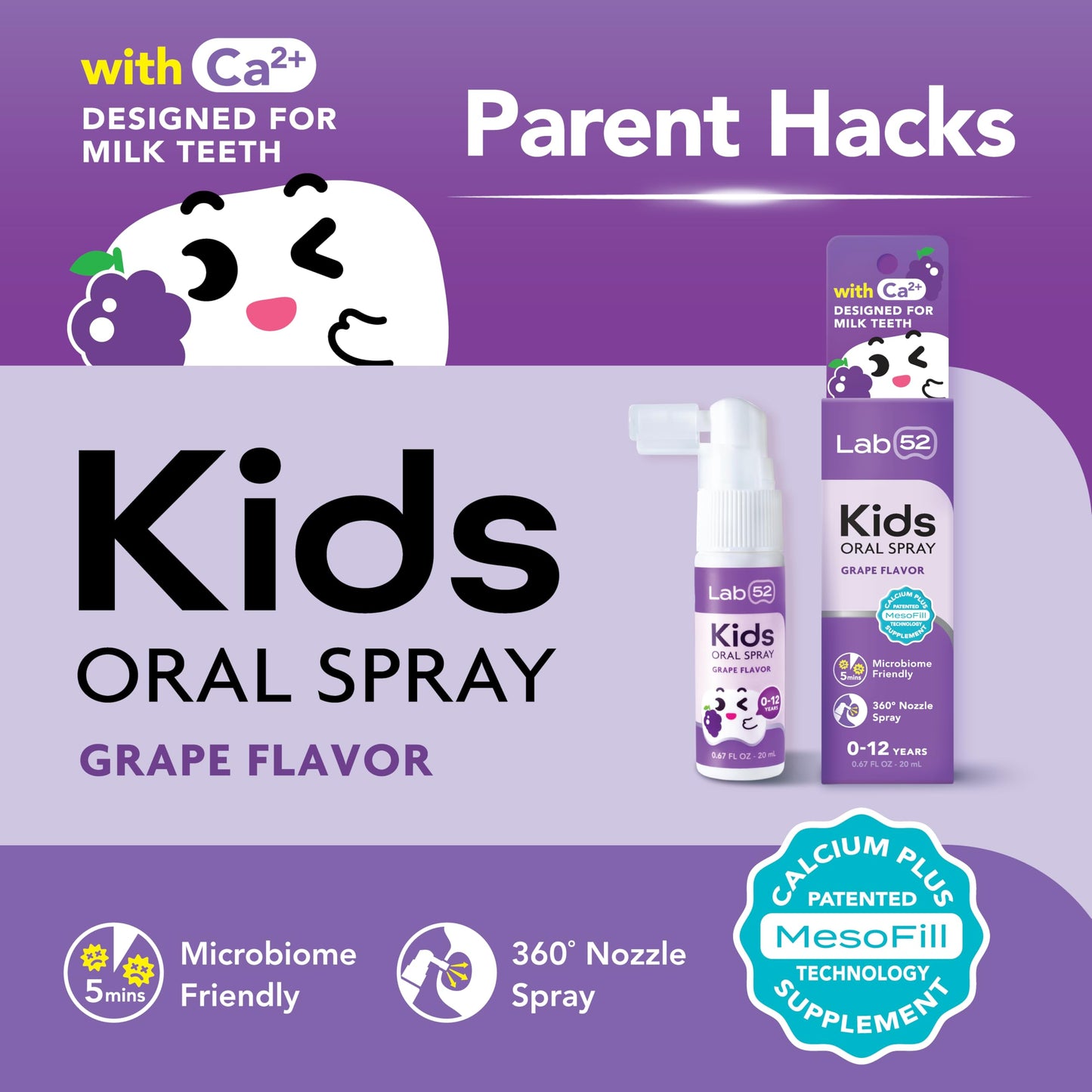 LAB52 Kids Oral Spray Gift Box, Toddler Toothpaste Helper for Daily Oral Care and Fresh Breath, Children Approved with Fluoride Free for Newborn to Preschoolers, Xylitol Grape Flavor (3 Packs)