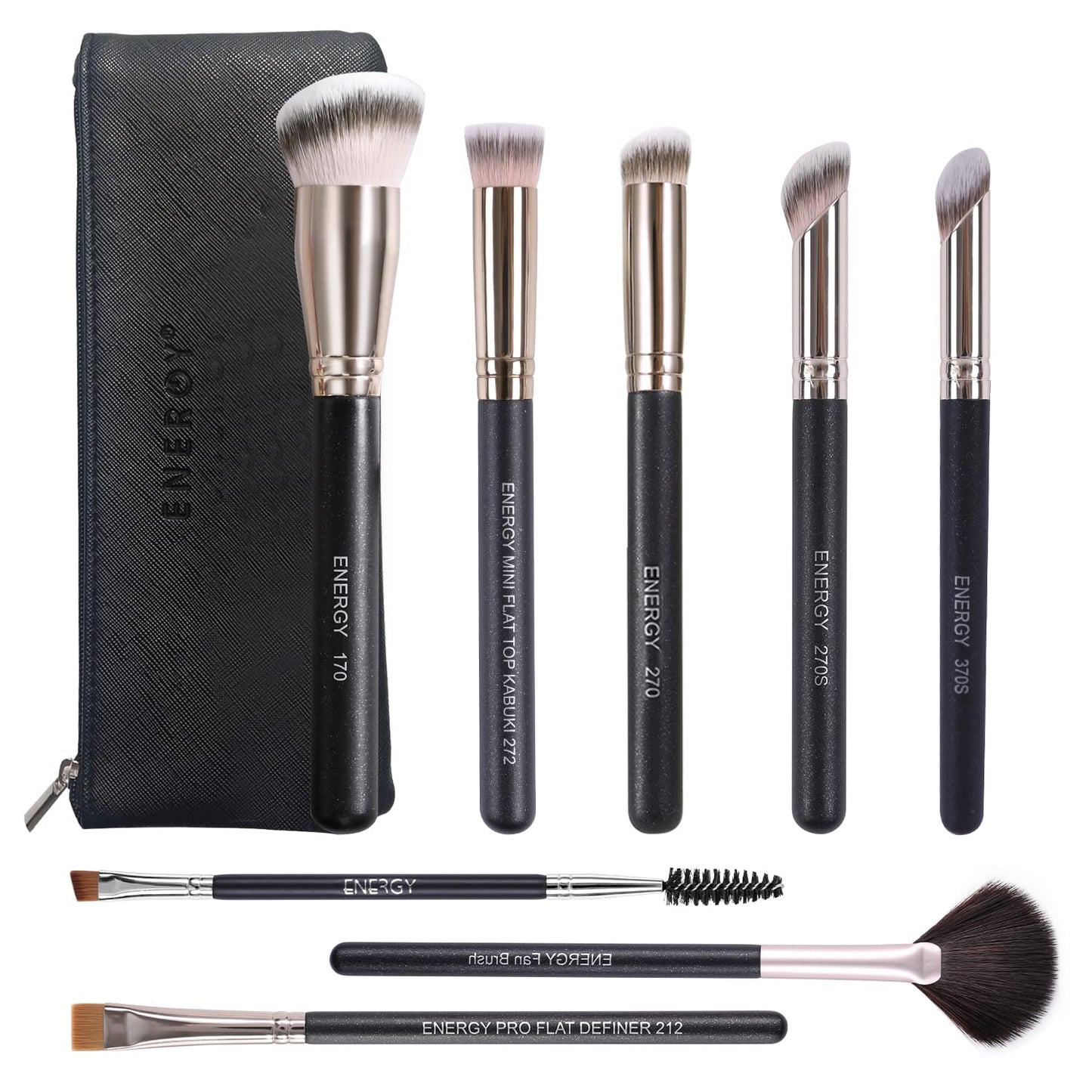 ENERGY Makeup Brushes Premium Synthetic Foundation Powder Concealers Eye Shadows Mascara Eyeliner Brow Fan Blush Makeup Brush Set with PU Cosmetic Bag,Professional Make Up Kit Black 8 Pcs