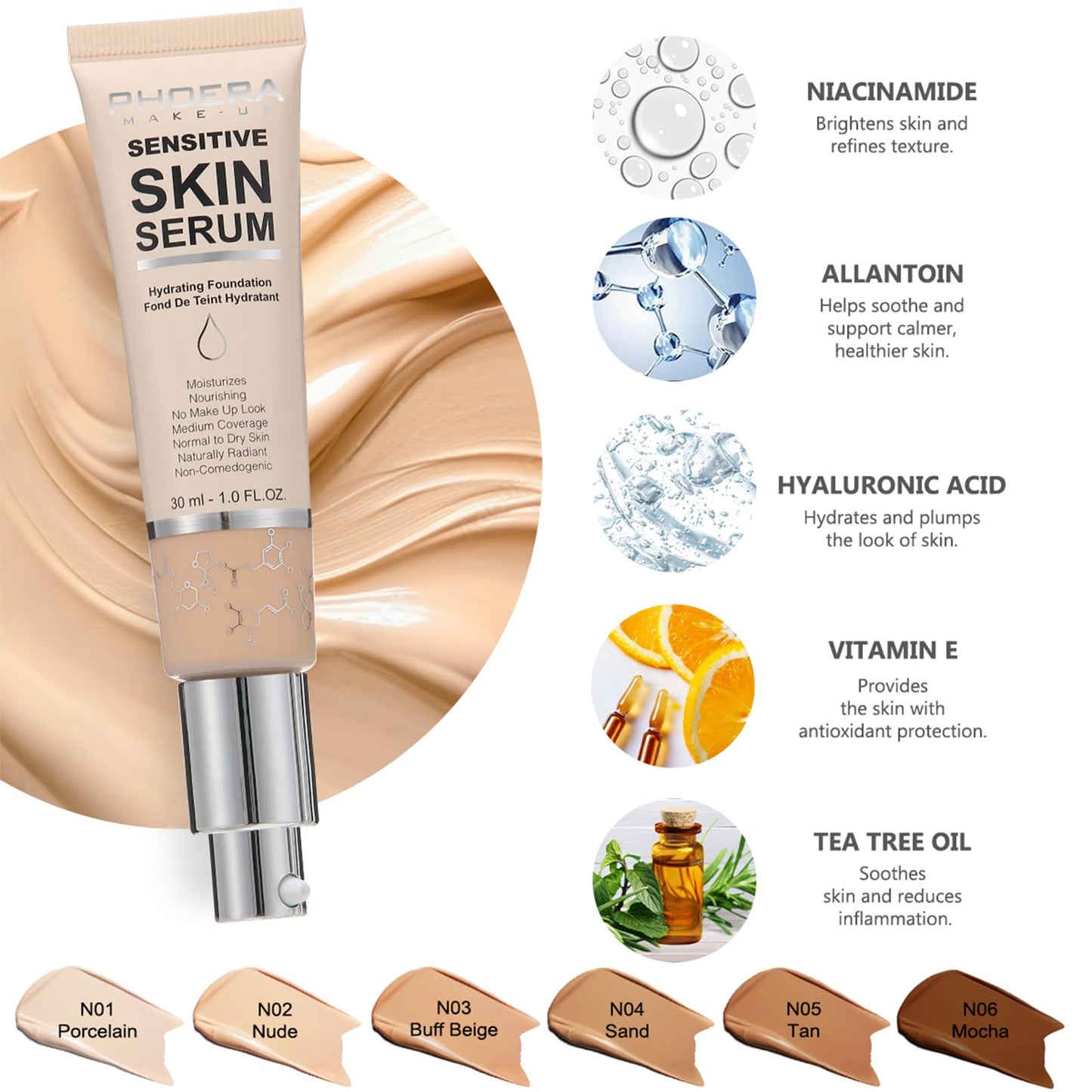 Hilareco PHOERA Foundation,PHOERA CC Cream Foundation Color Correcting Anti Aging Hydrating Serum,PHOERA 4-in-1 Tinted Moisturizer Foundation Serum (105+160CC+N04/ Sand+ Sand+Sand)