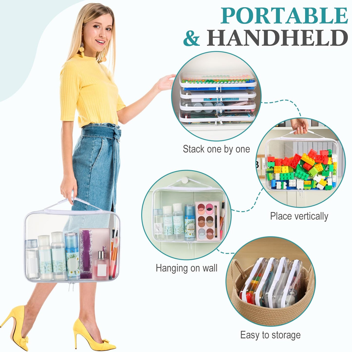 Sanwuta 4 Pcs Clear Hard Zipper Case with Handle Office Storage Cases Hard Plastic Pouches Transparent Bins for Crafts, Snacks, Cosmetics, Puzzles(12.6 x 9 x 2 Inches,White)