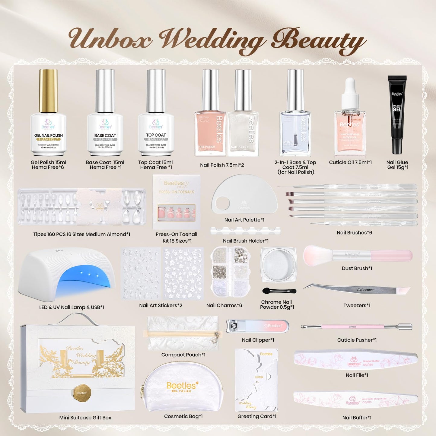 Beetles Summer Gel Nail Polish Kit with UV Light - Wedding Beauty French Manicure Kit, 15ml UV LED Soak Off French Tip Gel Polish Set with Nail Tools Nails Decoration