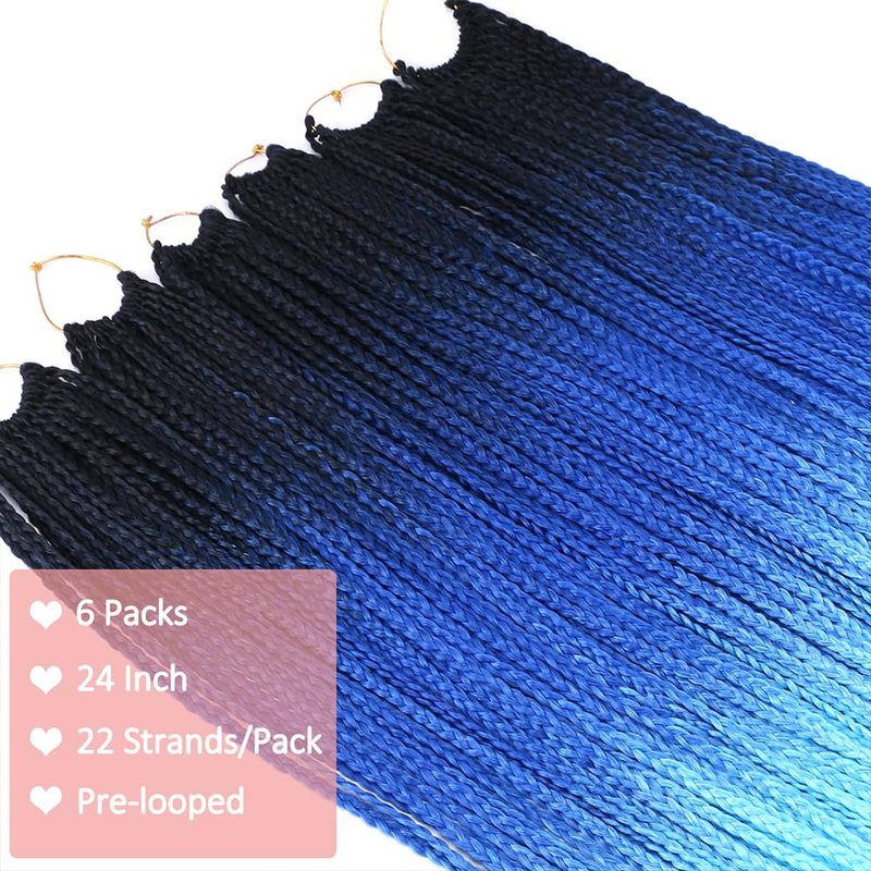 3X Goddess Pre looped Crochet Braids 6 Packs Ombre Blue Box Braids Crochet Hair for Black Women 24 Inch Braid Twist Knotless Straight Braiding Crochet Hair (T1/Blue/Light Blue#)