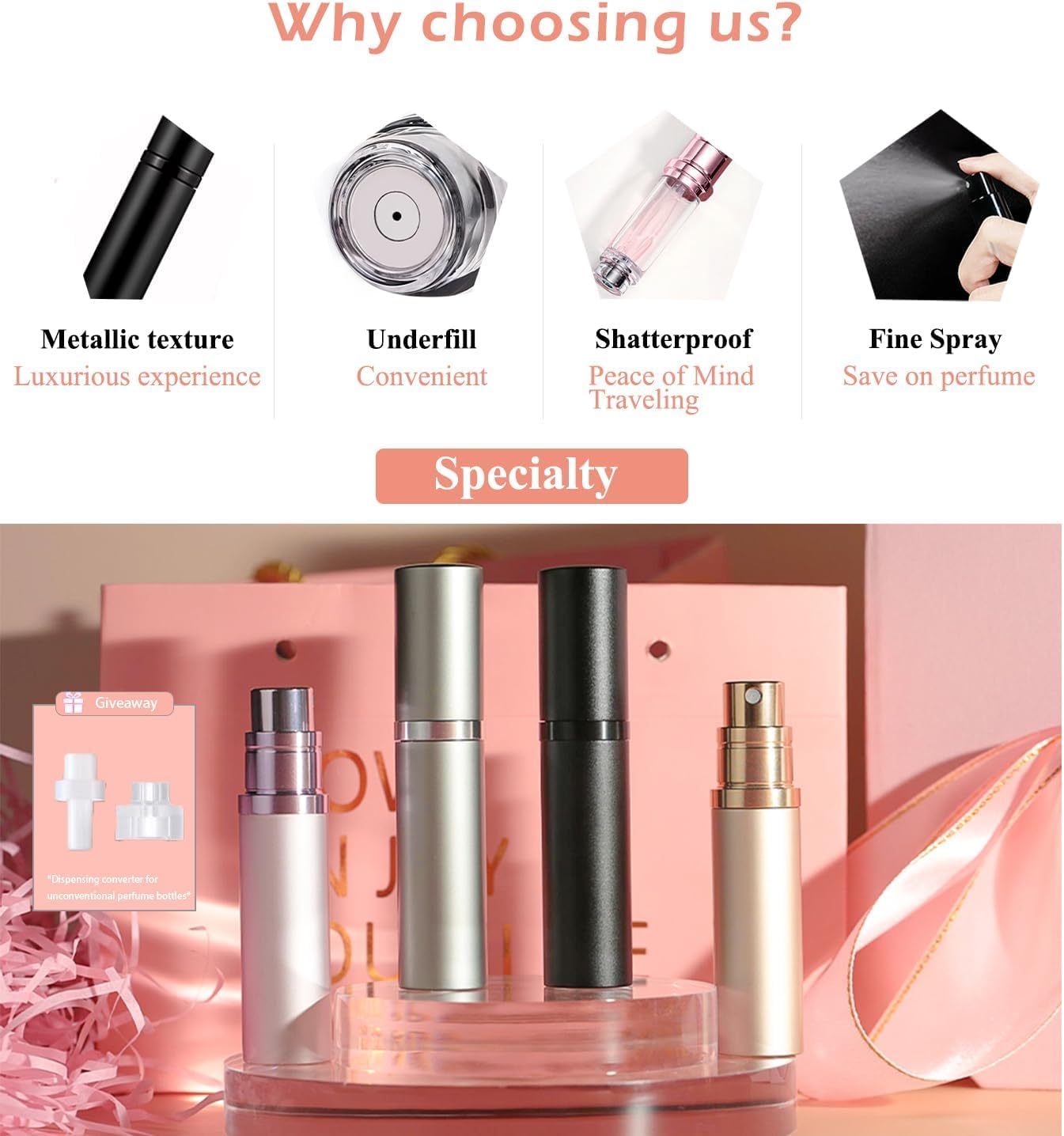 Refillable Perfume Bottle - 5ml Portable Purse Atomizer | Travel Spray for Cologne - Black & Pink