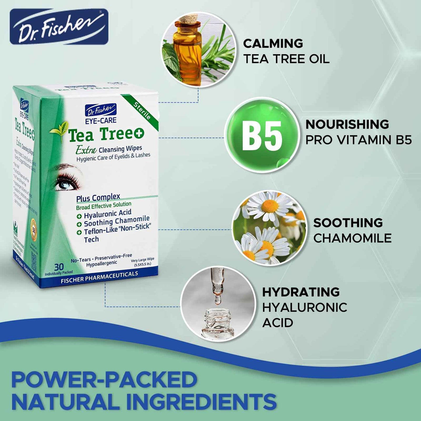 Dr. Fischer Tea Tree Oil Eye Wipes - Eyelid Wipes for Sensitive Eyes with Hyaluronic Acid and Chamomile, Makeup Remover, Daily Cleanser (30 wipes)