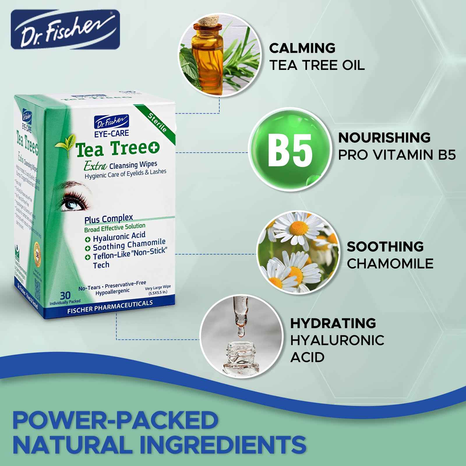 Dr. Fischer Tea Tree Oil Eye Wipes - Eyelid Wipes for Sensitive Eyes with Hyaluronic Acid and Chamomile, Makeup Remover, Daily Cleanser (30 wipes)