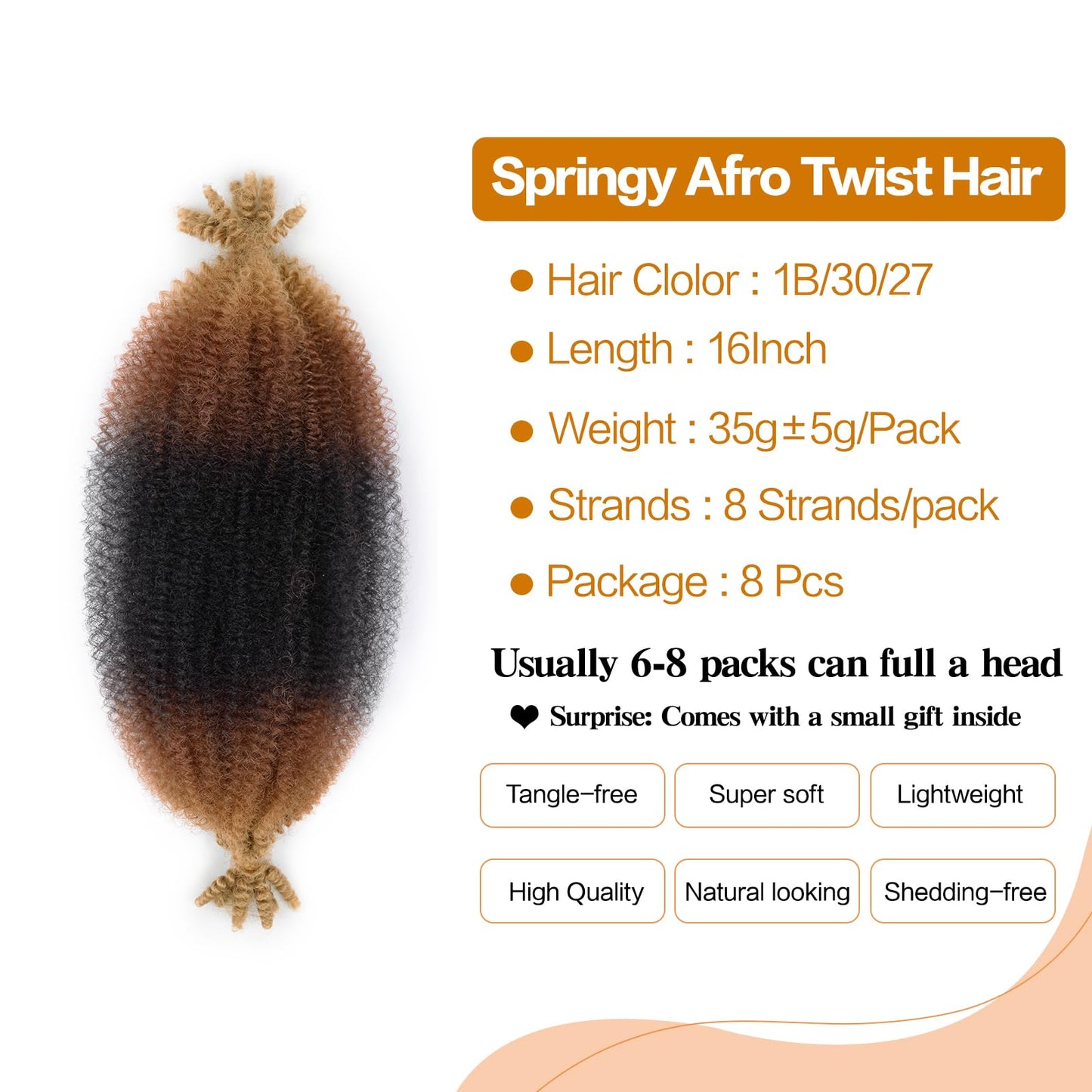 16 Inch 1B/30/27 Springy Afro Twist Hair, 8Packs Marley Twist Braiding Hair