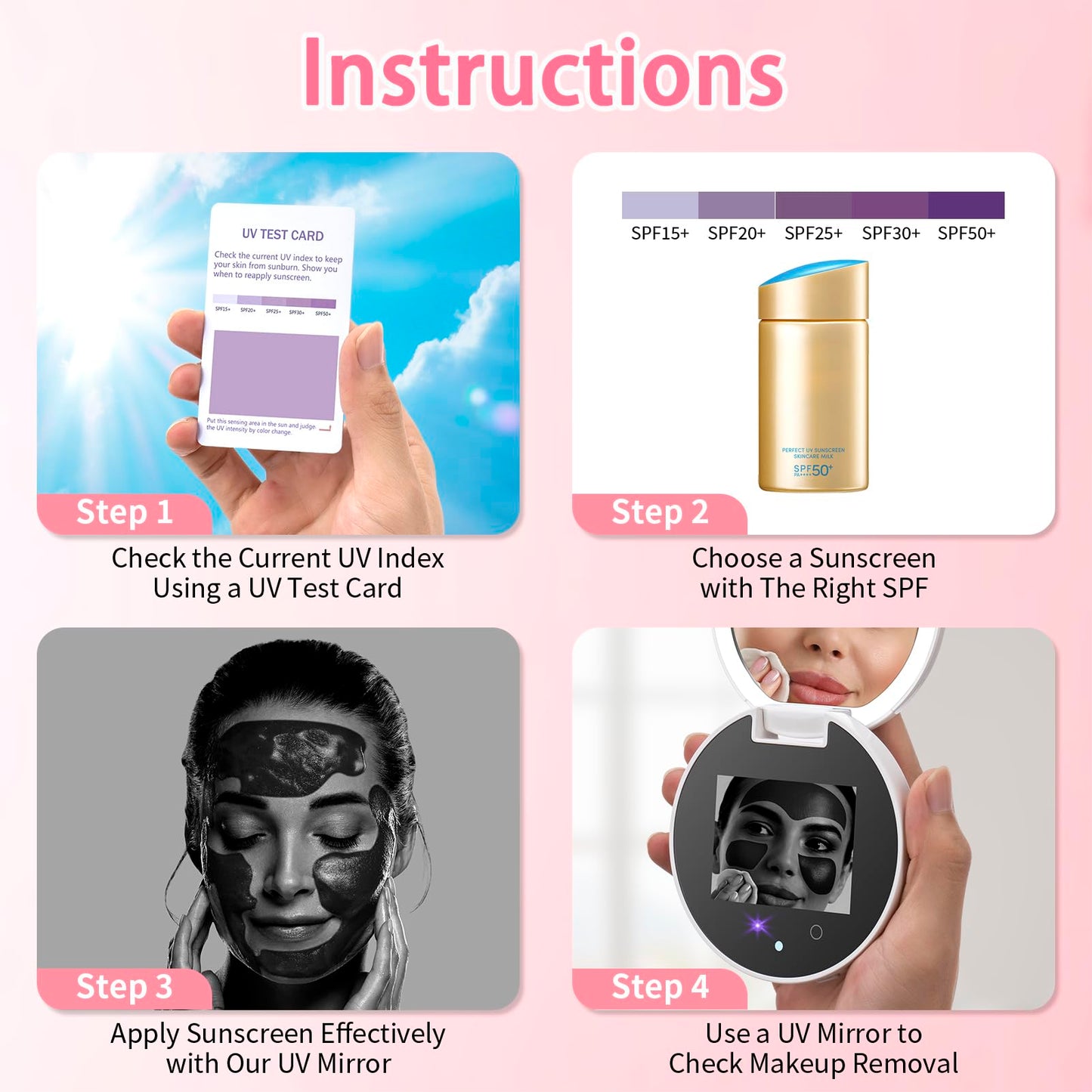 DESCHEN UV Camera Mirror for Sunscreen Test, 2X Makeup Mirror with Lights and Magnification, Rechargeable 3.8 Inch Portable Pocket Mirror for Skin Protection