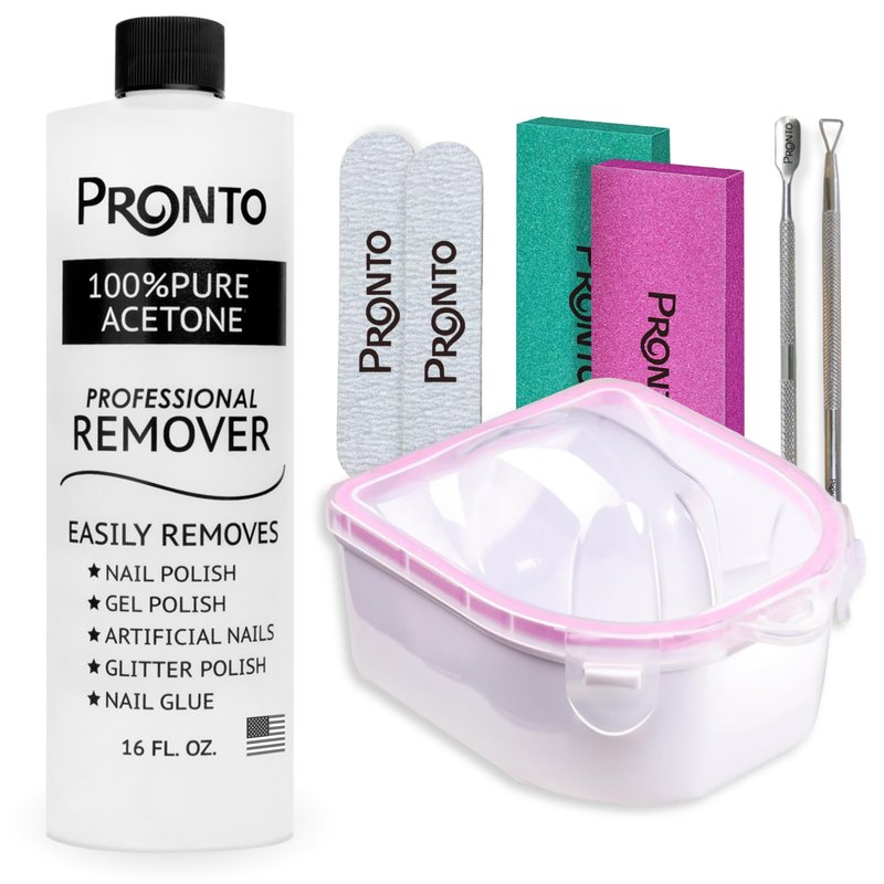 Pronto Gel Nail Polish Remover Kit - 16oz Pure Acetone, Nail Soaking Bowl & Manicure Kit Including Gel Nail Polish Tools, Nail File, Nail Buffer, Cuticle Pusher & Nail Scraper