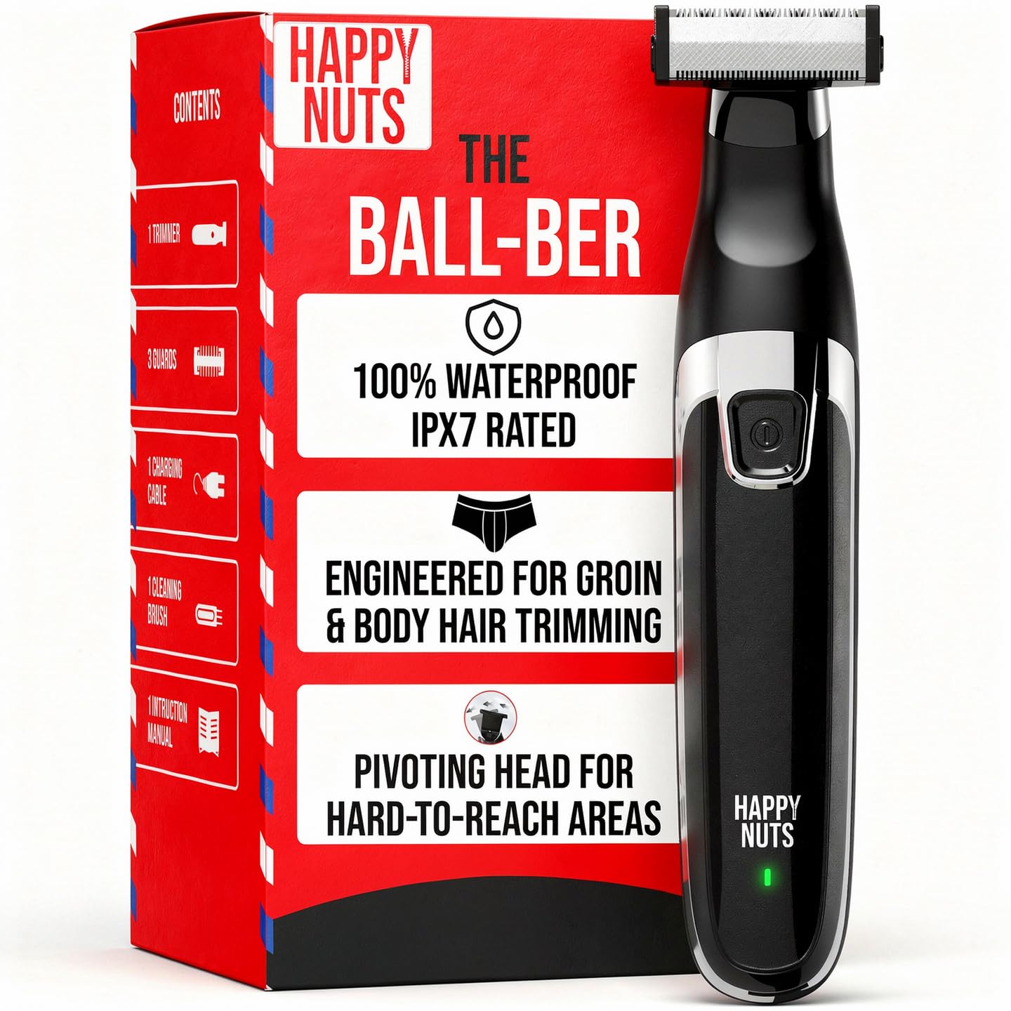 HAPPY NUTS The Ballber Pro Electric Groin & Body Hair Trimmer for Men - Mens Body Groomer Kit for Privates - Waterproof Shaver for Hard to Reach Areas (Ballber)