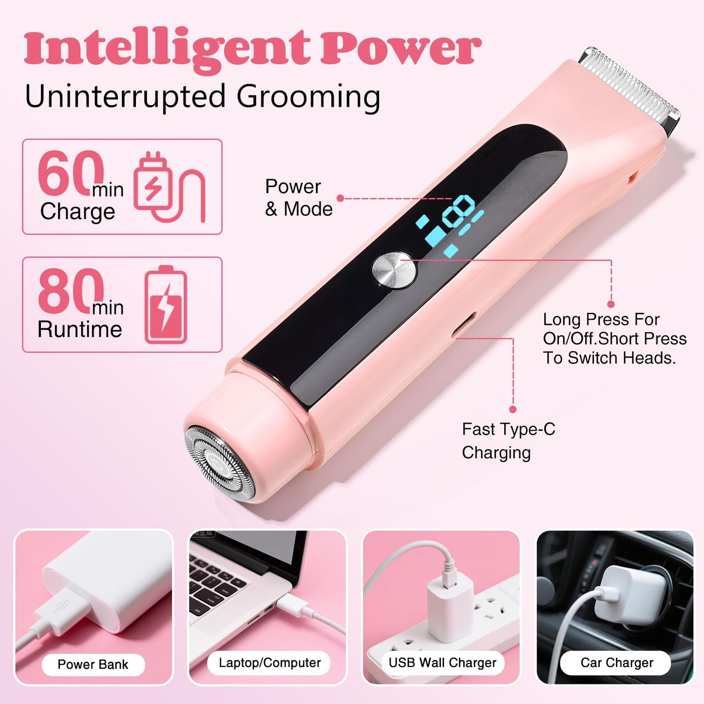 Bikini Trimmer for Women, 2 in 1 Dual-Head Electric Shaver for Legs Underarms Face Pubic Area, IPX7 Waterproof Wet & Dry Use, Rechargeable Cordless Body Hair Trimmer with USB-C, for Holiday Gift