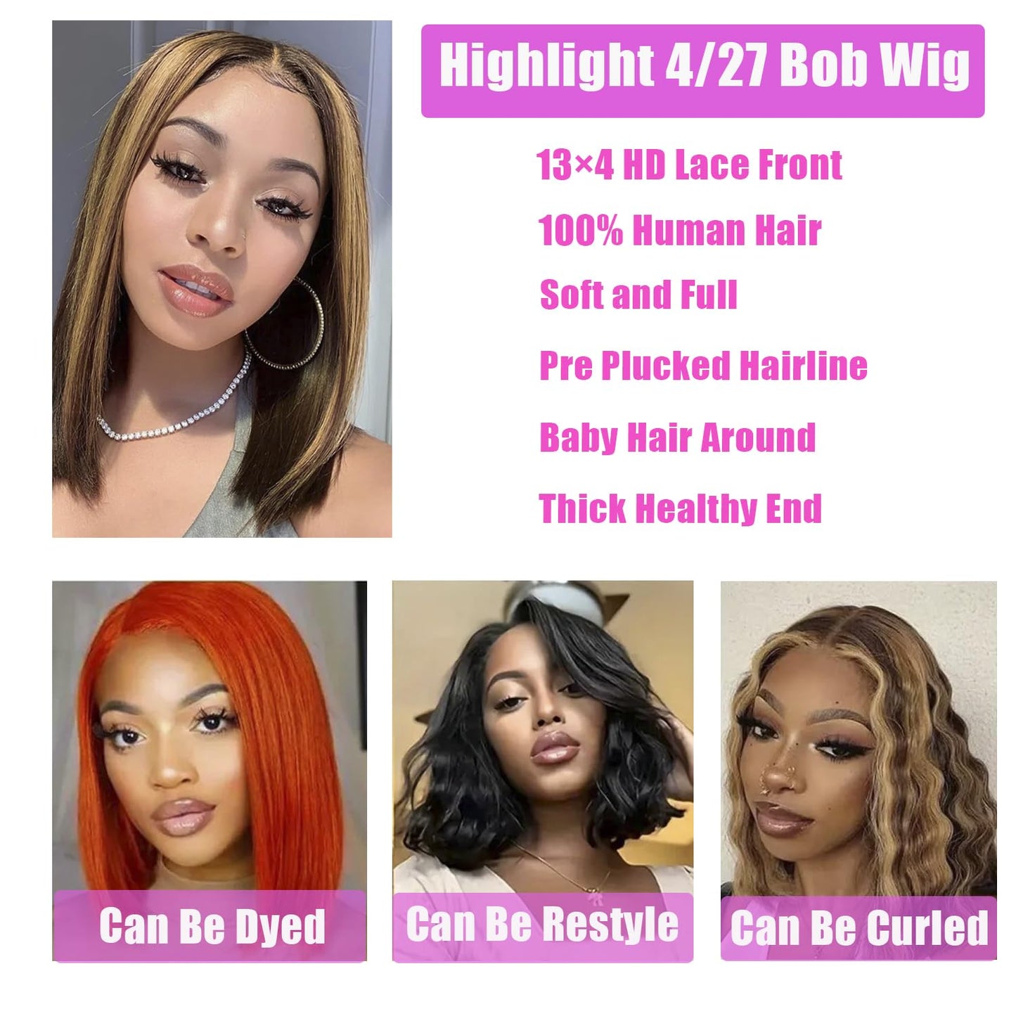 Hertune 8 inch Honey Blonde Bob wig Human Hair 4/27 Highlight Bob Lace Front Wigs Human Hair 180% Density 13x4 HD Frontal Lace Wigs Pre Plucked Ombre Color Short Straight Bob Wigs for Black Women