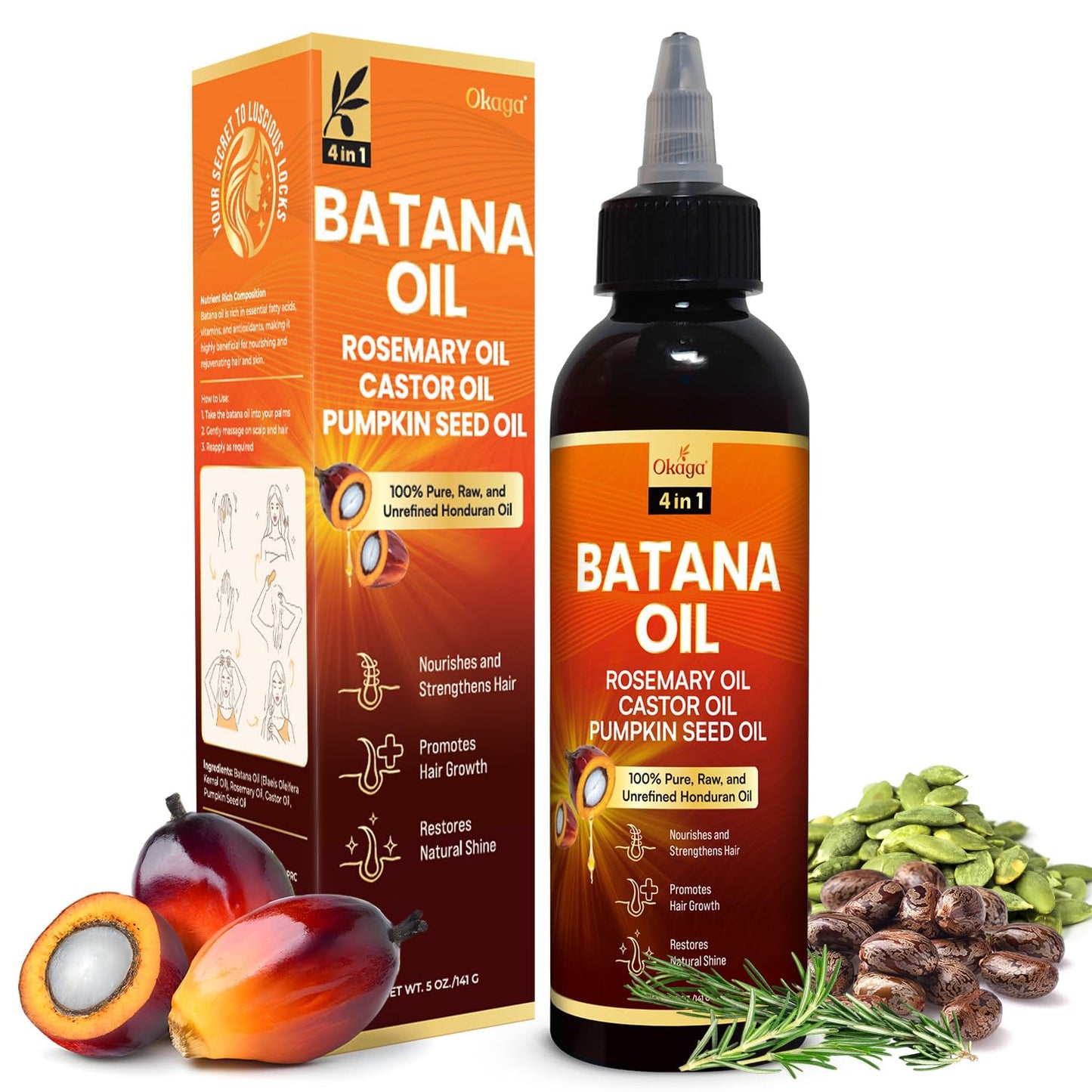 Batana Oil for Hair Growth with Rosemary, Castor, and Pumpkin Seed Oils, 100% Pure Unrefined Honduran Formula, Strengthens, Nourishes, Revives Scalp & Strands, For Men & Women (5oz)