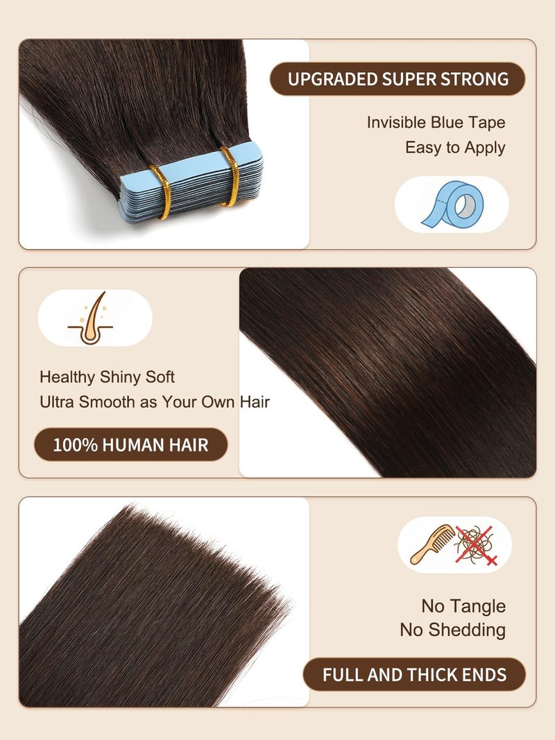 Tape In Human Hair Extensions - 16 Inch Silky Straight Remy Hair - 20 Pieces, #2 Dark Brown