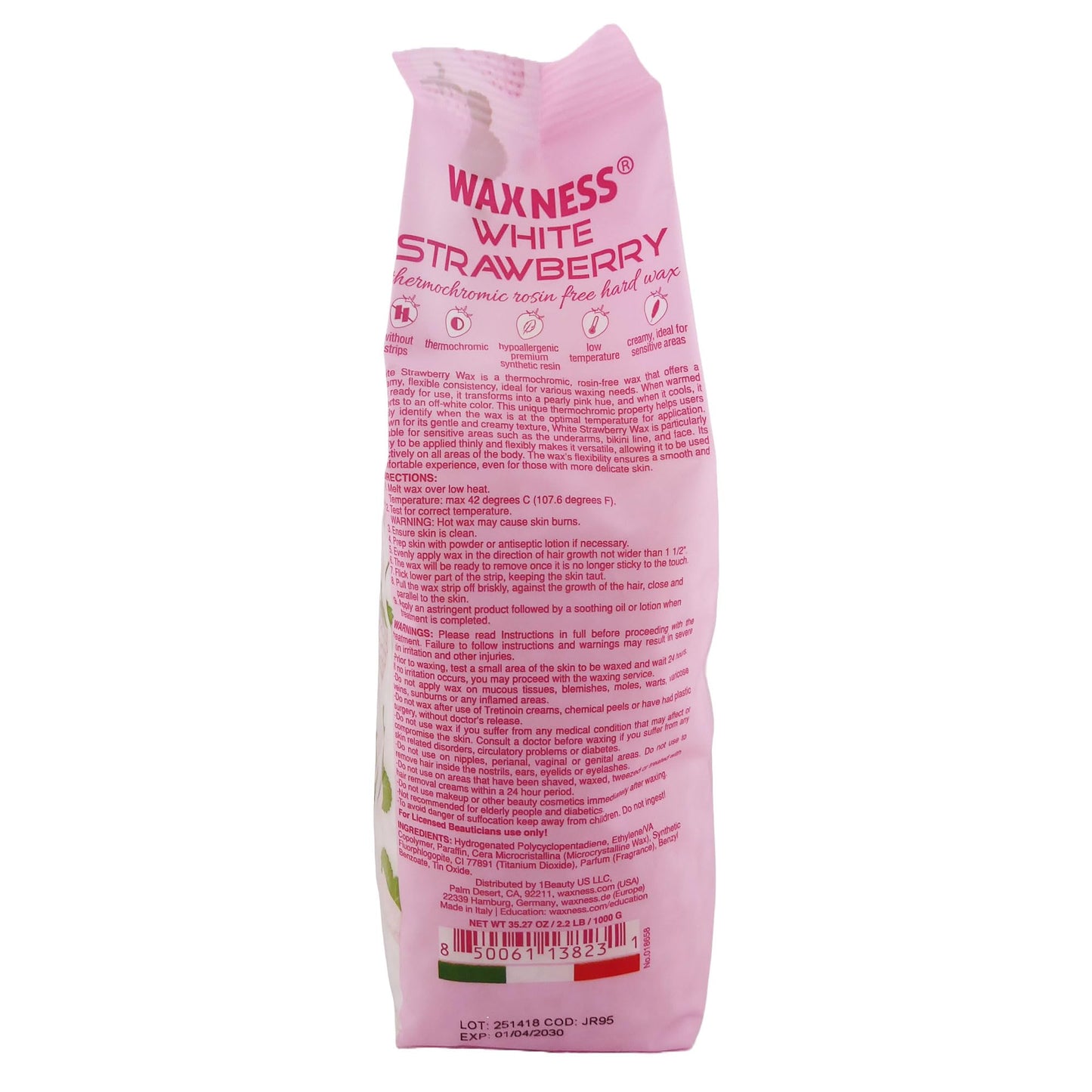 Waxness White Strawberry Thermochromic Hard Wax Beads 2.2 lb (1 kg), Rosin-Free, Low Temperature, For Sensitive Skin – Made in Italy