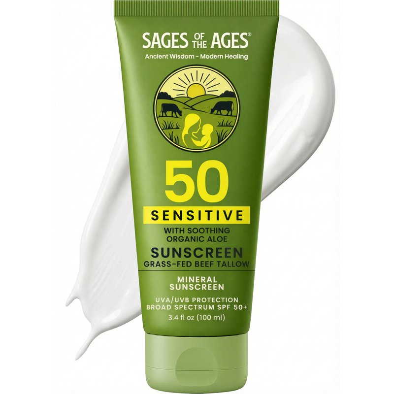 Grass-Fed Tallow Mineral Sunscreen SPF 50 — No White Cast, Non-Nano Zinc Oxide, Reef Safe UVA/UVB, Water Resistant 80 Min, Moisturizing & Soothing with Aloe Vera, Face & Body, 3.4 oz