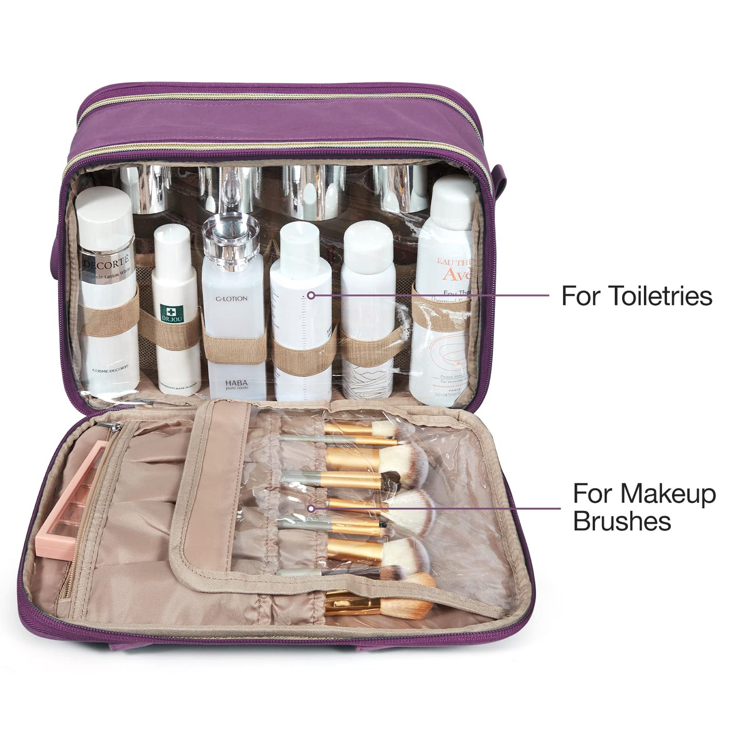 BAGSMART Large Toiletry Bag, Travel Makeup Organizer Water-resistant Makeup Cosmetic Bag Travel Bag for Accessories, Shampoo, Full Sized Container, Toiletries (Purple, Large)