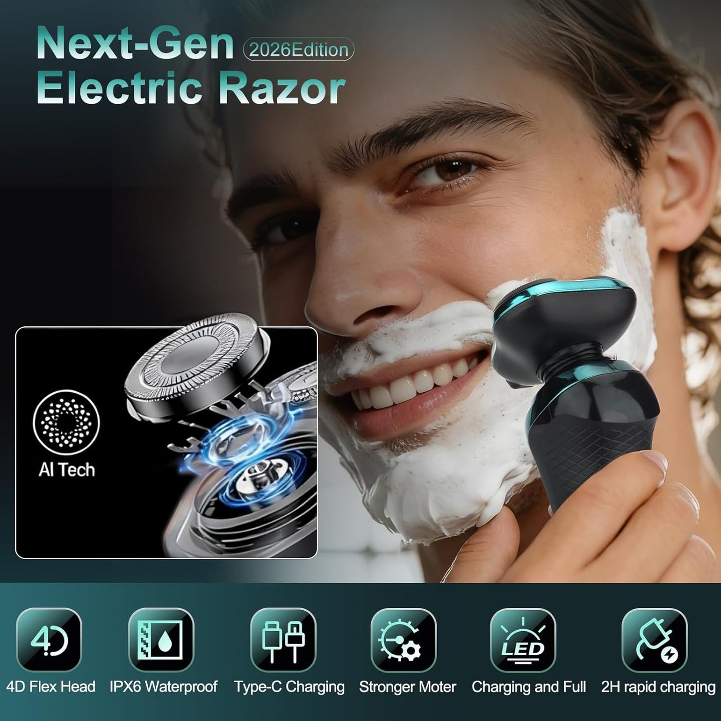 Electric Razor for Men - 4D Dual-Ring Floating Head Shaver | IPX7 Waterproof, USB-C Fast Charging, Ergonomic Travel Design