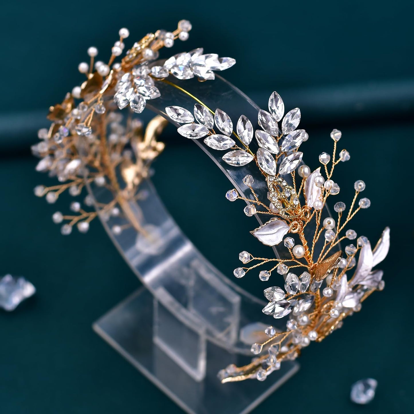 LOVFOIVER Rhinestone Wedding Headband Handmade Leaf Crystal Bridal Headpieces for Wedding Hair Accessories for Brides and Bridesmaid (Gold)