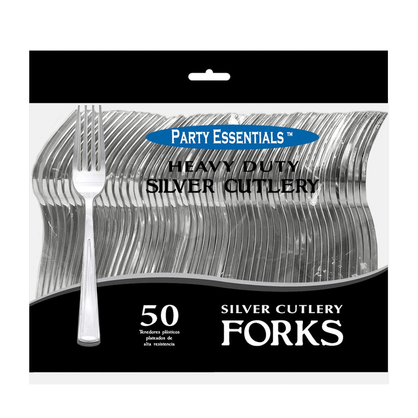 Party Essentials 50Count Hard Plastic Forks, Shiny Silver