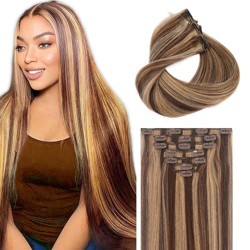 Clip in Hair Extensions Real Human Hair 100% Remy Human Hair Seamless Balayage Invisible clip on hair extensions for women Double Weft 7pcs 14 Inch 75g #4/27 Chocolate Brown Highlight Honey Blonde
