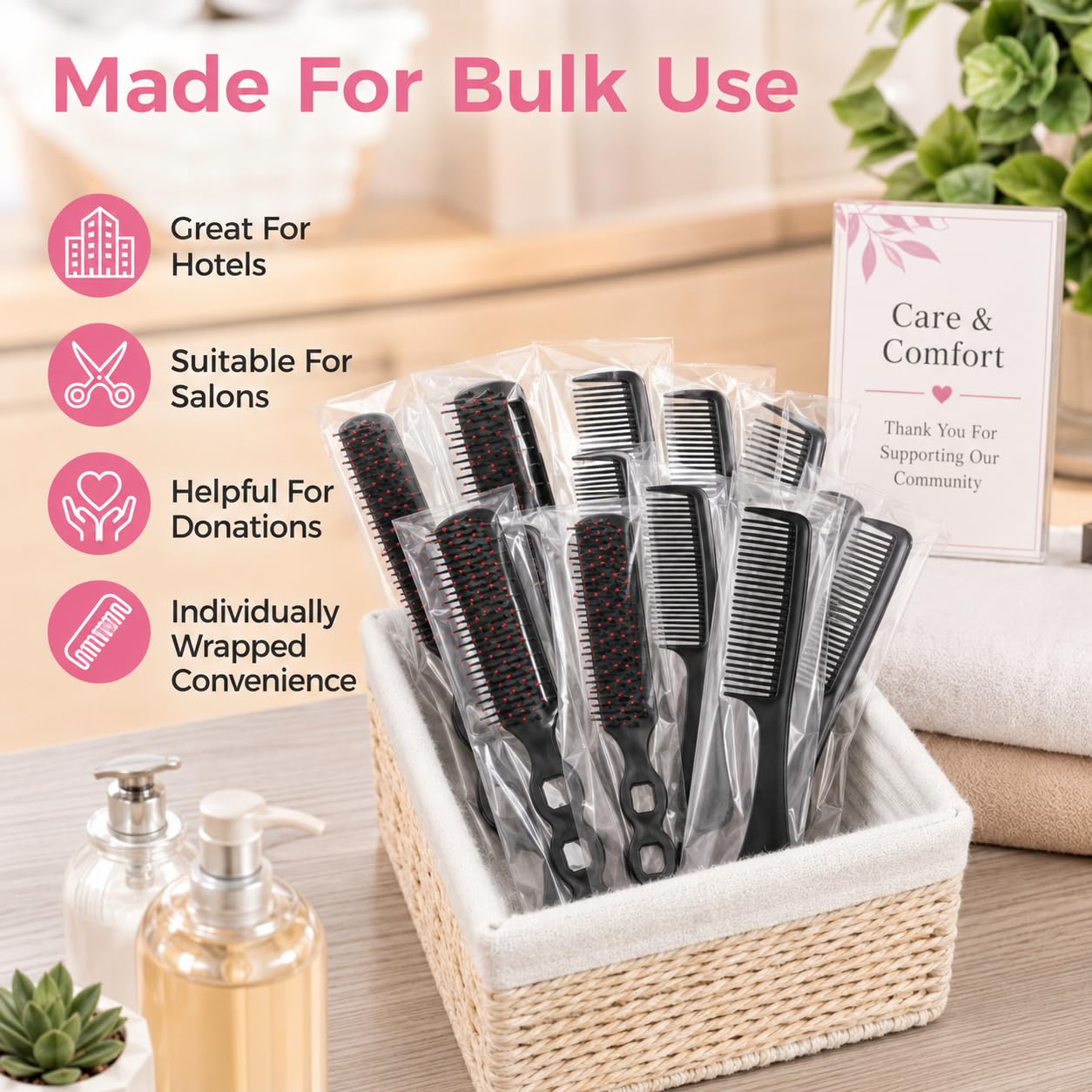 Hair Brushes, 48 Pcs Bulk Hair Brushes and Combs for Homeless Individually Wrapped Hairbrushes, Massaging Smoothing Comb Brushes