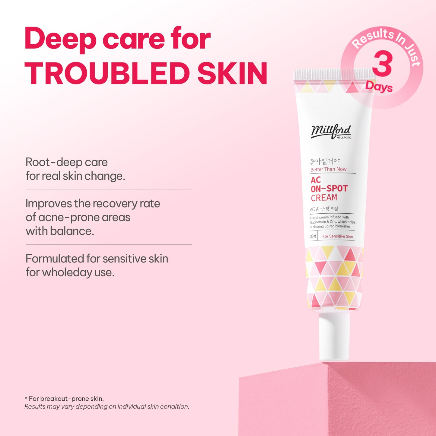 Millford AC On-Spot Cream 30g/1.05 Oz, Zinc Oxide 10%, Niacinamide 2% for Active Skin Repair, Acne Spot Treatment for Face, Blemish Care, Dark Spot, Korean Skincare for Sensitive & Acne-Prone Skin
