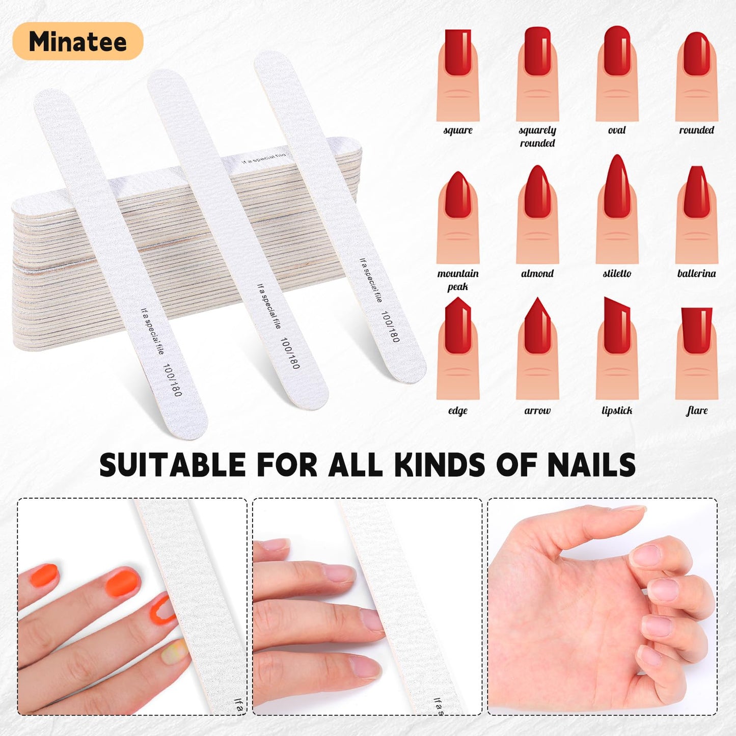 Minatee 150 Pcs 100/180 Grit Nail Files Bulk Doubled Sides Emery Boards Professional Manicure Tools for Natural Nails Home and Salon Supplies