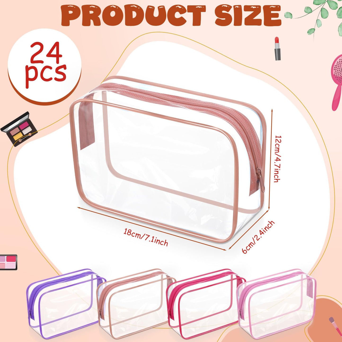 SilTriangle 24 Pack Clear Makeup Bags Bulk Cosmetic Storage Bag Waterproof PVC Pouch with Zipper for Travel Organizer Plastic Toiletries Case for Women Traveling Bathroom, 7"x 4.7"x 2.4" (Pink)