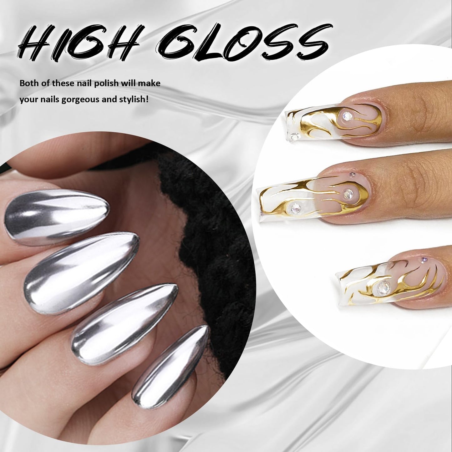 U-Shinein 2x12ml Metallic Mirror Nail Polish, Ultra Mirror Silver & Gold Metal Painted Drawing with Thin Brush, Chrome Gel Polish Nail Art Gel Liner Soak Off DIY