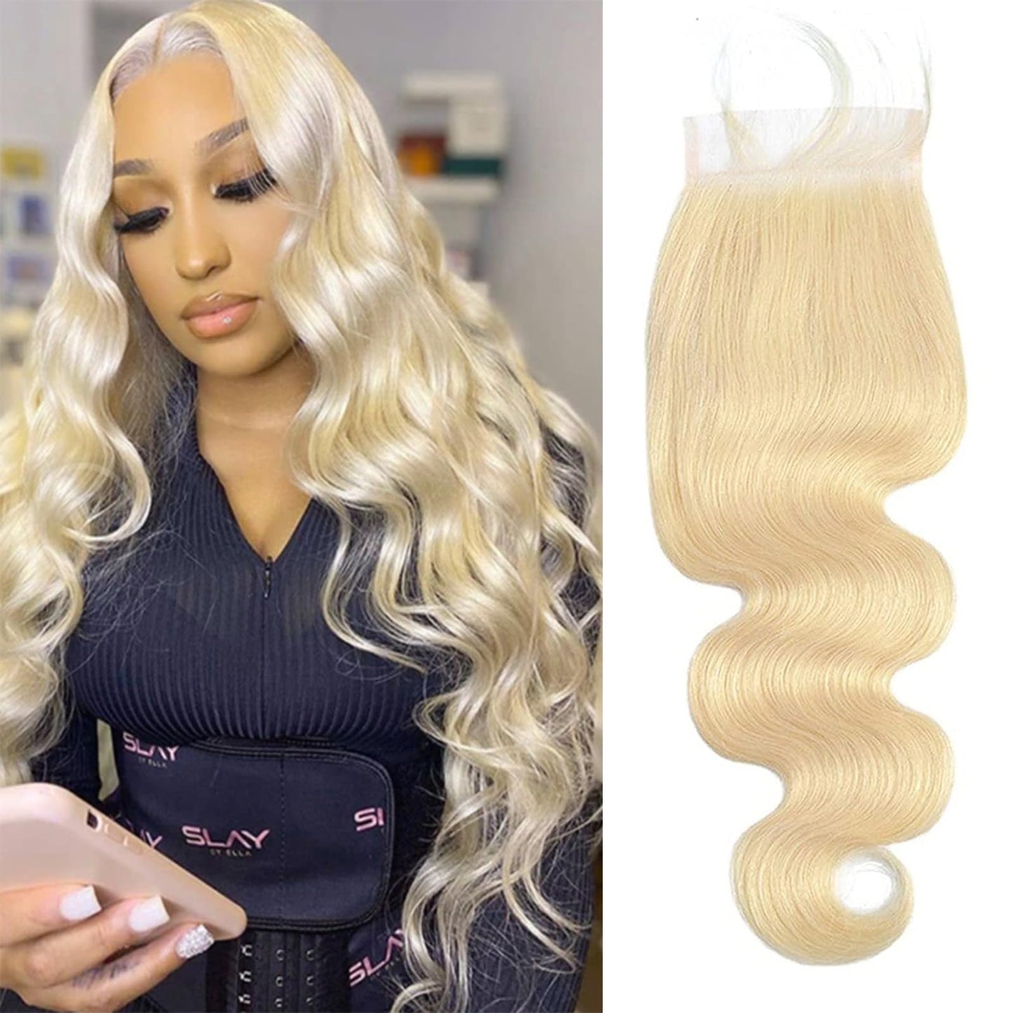 KAFEIER 613 Blonde 5x5 Hd Lace Closure Brazilian Virgin Human Hair Body Wave Invisible Transparent Lace Pre plucked with baby hair Natural Hairline Free part 150 density 14 Inch