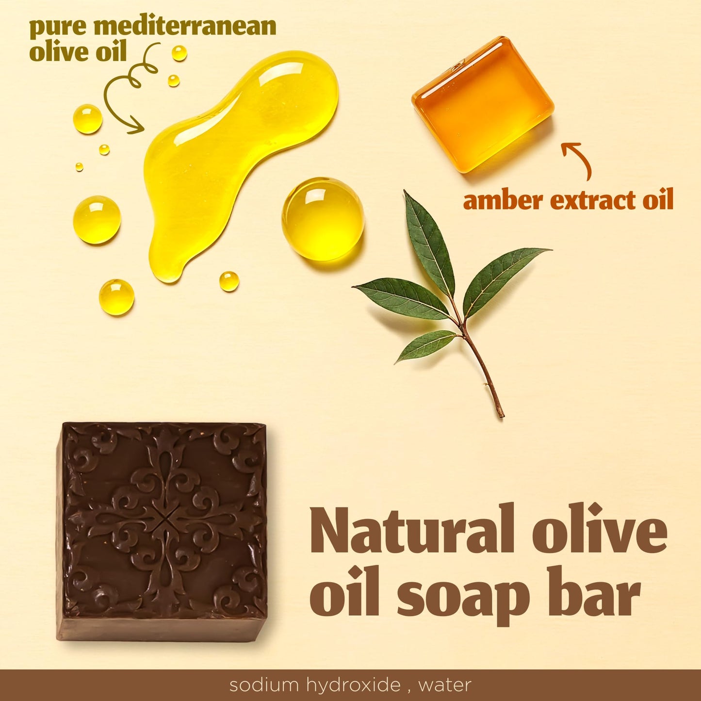 Hekaya Amber Olive Oil Soap Bar – Handmade & Natural – Moisturizing Vegan Soap for Face & Body – Warm Earthy Scent – Pack of 4 Large Bars (17.6 oz Total)
