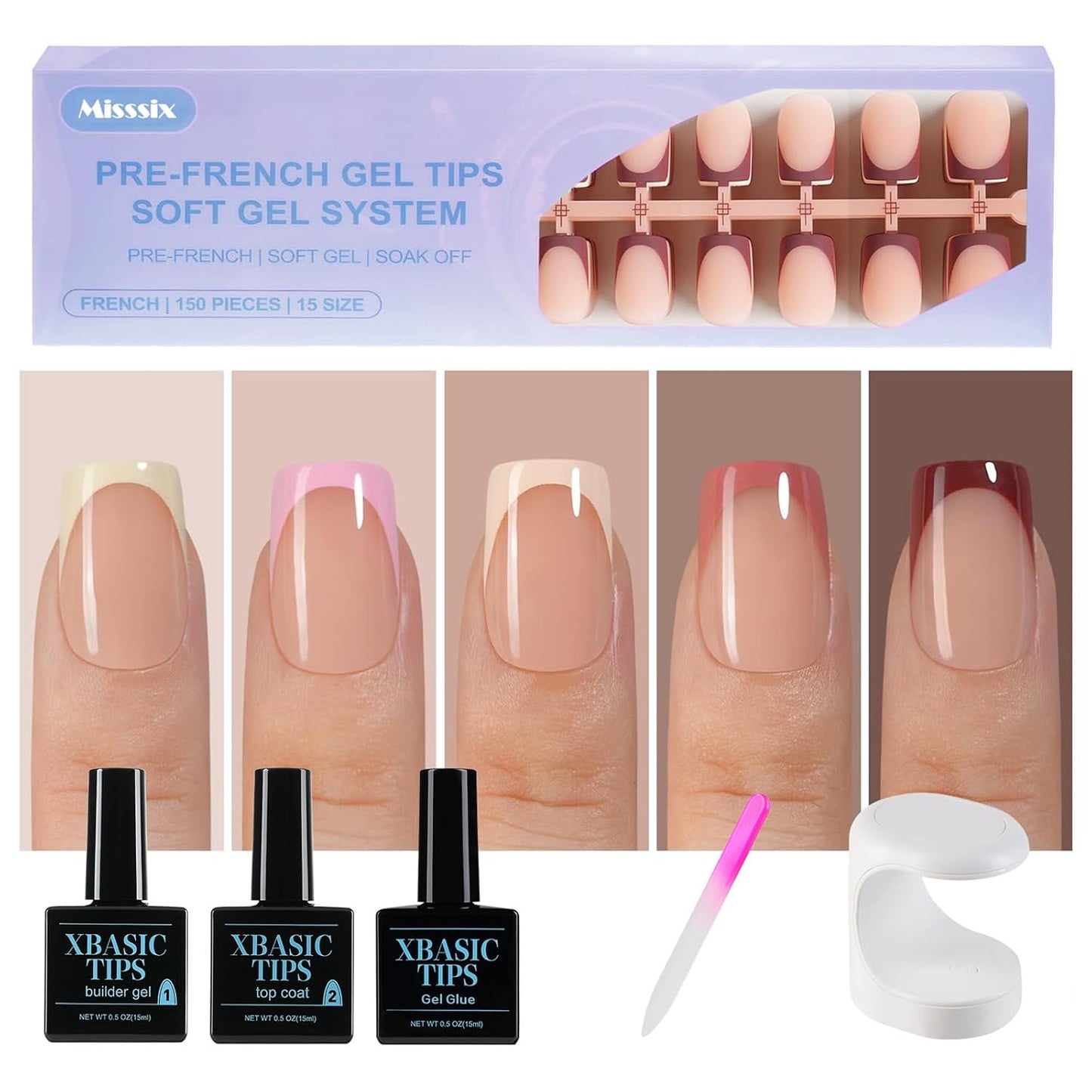 French Tip Press On Nails - 160 Pcs Short Square Gel Nail Tips | DIY Nail Art Starter Kit with 16 Sizes