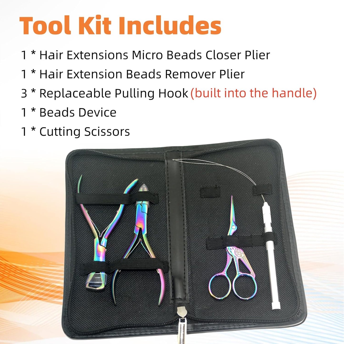 Hair Extension Beading Tool Kit - Micro Link Bead Closer, Remover Pliers & Scissors Set | Rainbow Color