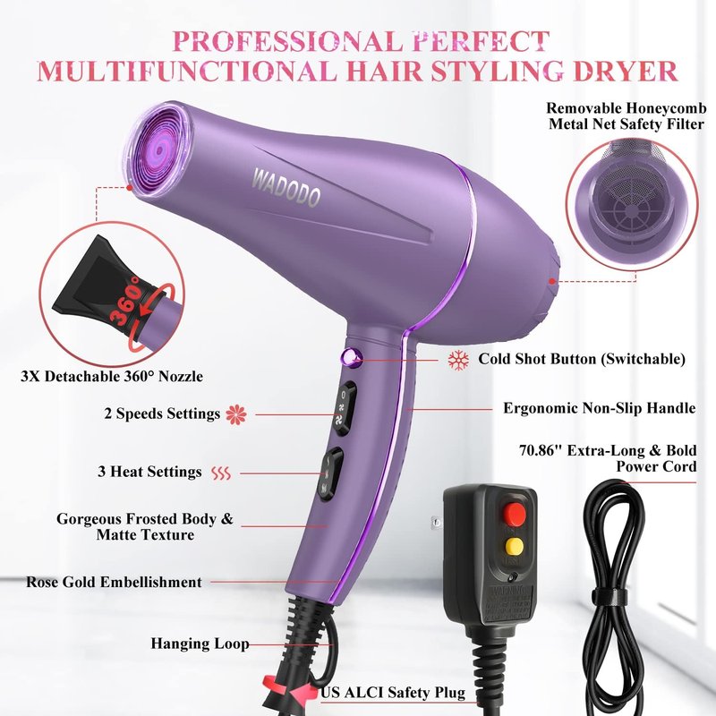 Ionic Hair Dryer - 2200W Professional Blow Dryer for Fast Drying | Low Noise, Travel-Friendly, Curly Hair Care (Purple)