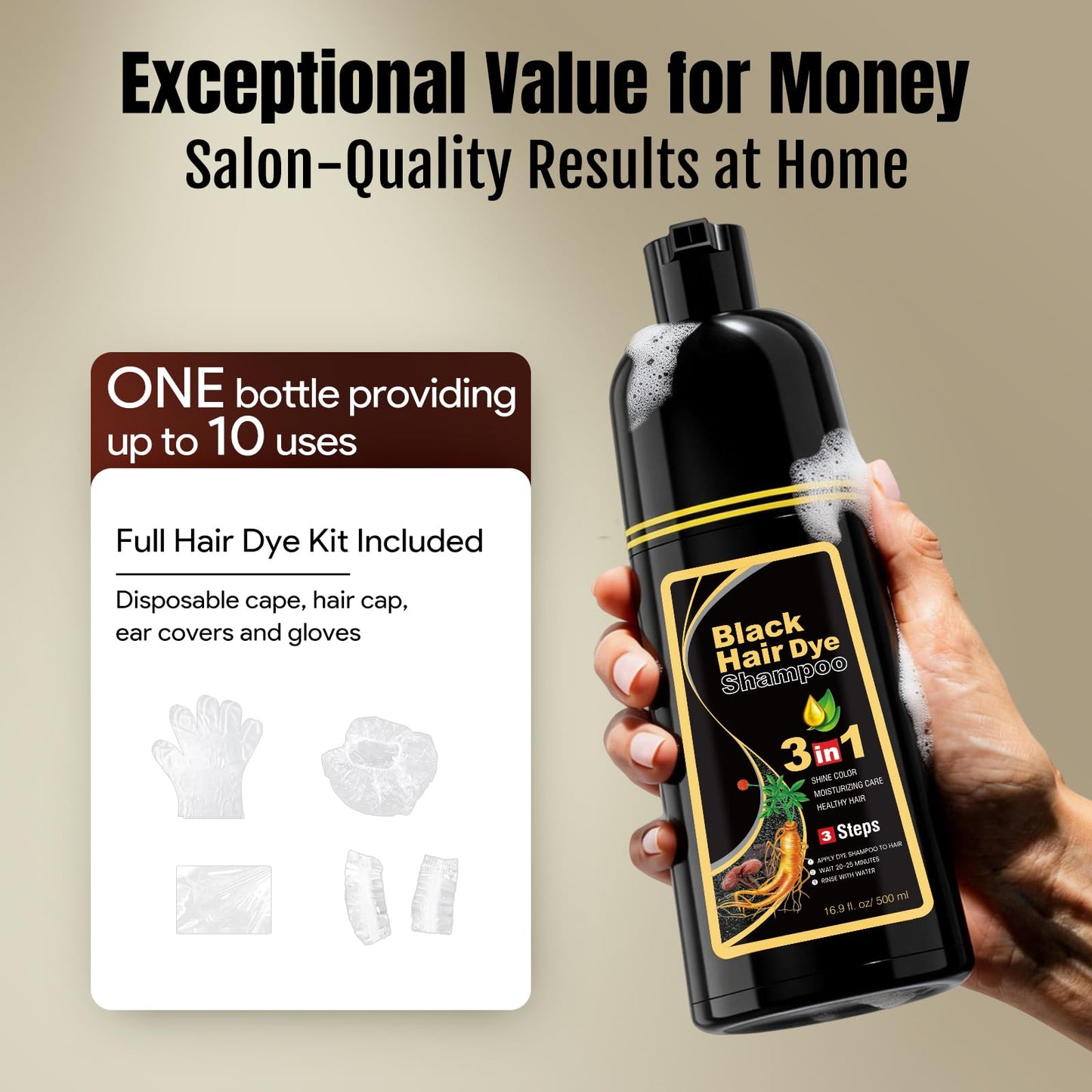 BOJICA 3 in 1 Black Hair Dye Shampoo for Gray Hair | Instant Full Gray Coverage, 3-4 Weeks Lasting, Includes Cape & Gloves(16.9 Fl oz)